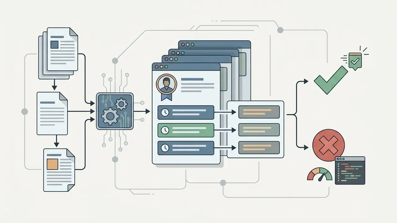 Documents and reviewer profiles feeding into a processor to generate approval or rejection outcomes