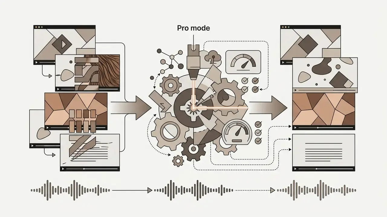 Pro mode processing showing video frames passing through a gear mechanism to remove watermarks