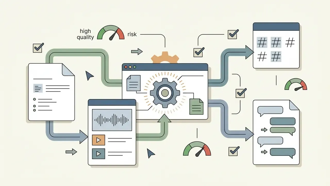 Central gear processing documents and audio files into social media hashtags and chat responses