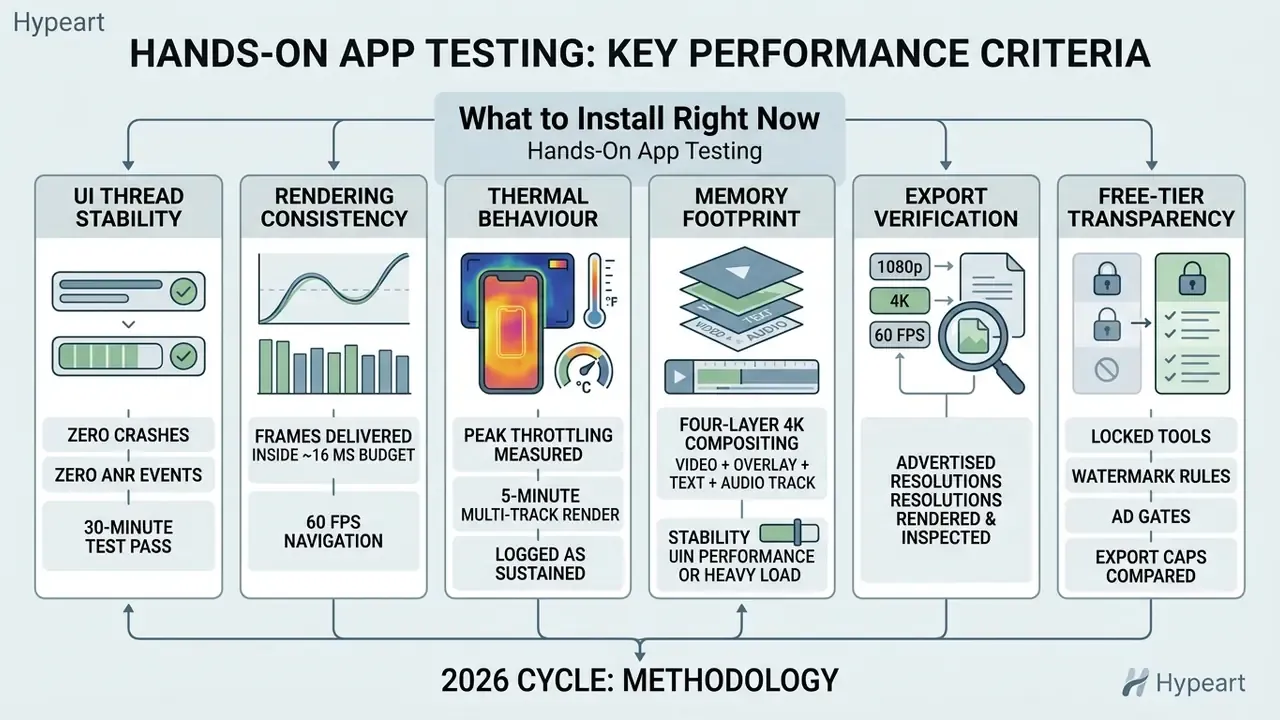 Infographic showing six performance criteria for evaluating a mobile free video editing app