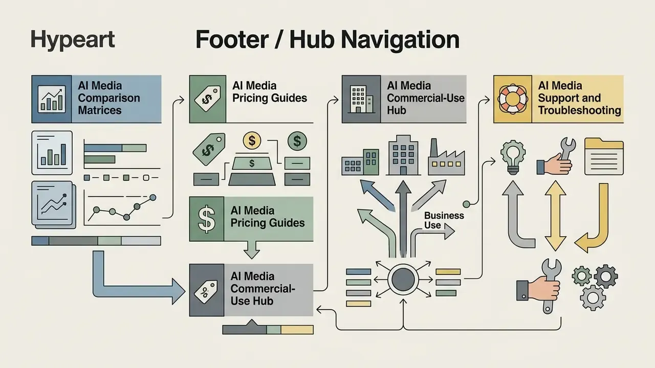 Visual map connecting AI media comparison, pricing, commercial use, and technical support resources