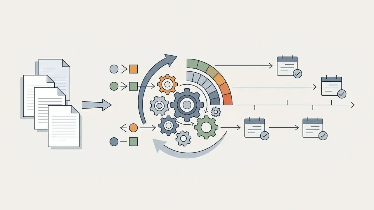 Documents feeding into a gear mechanism that processes data into synchronized calendar event timelines
