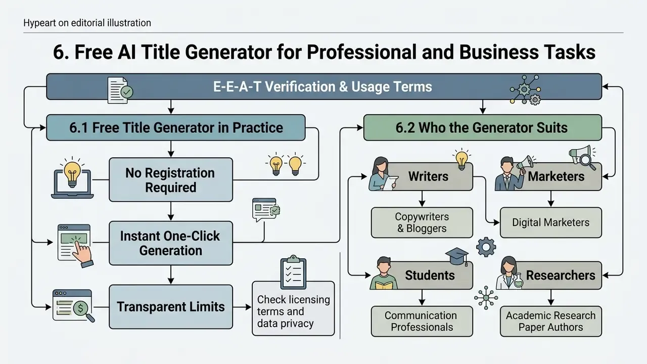 Flowchart detailing usage terms for an AI title generator and its target professional user groups