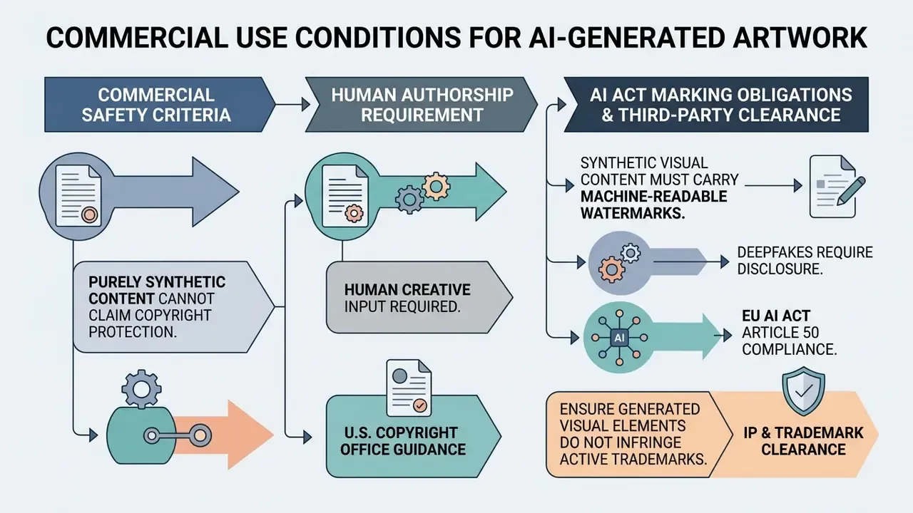 Flowchart outlining regulatory requirements and legal considerations for using synthetic visual content