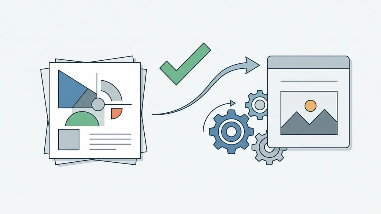 Stack of documents with a green checkmark moving toward a digital interface processed by rotating gears