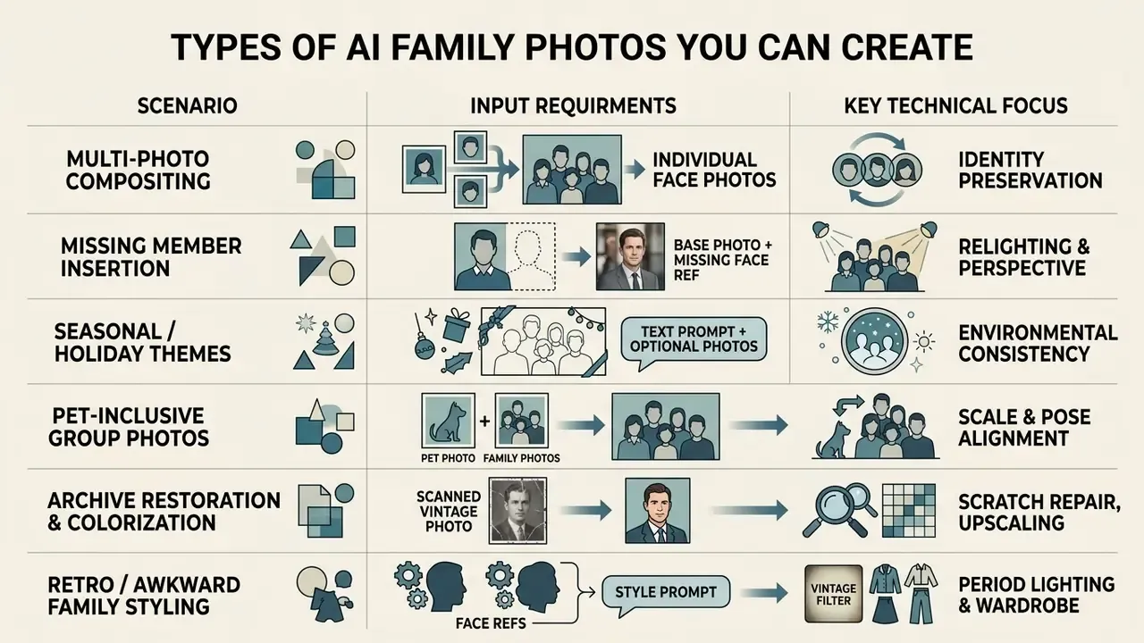 Table outlining various AI family photo generator use cases with input requirements and technical focus