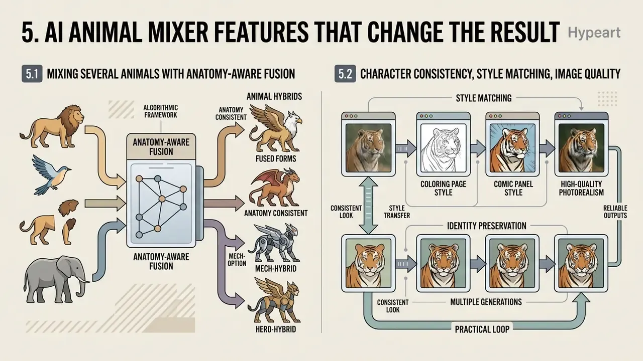 Conceptual diagram showing anatomy fusion and style consistency in an AI animal hybrid generator