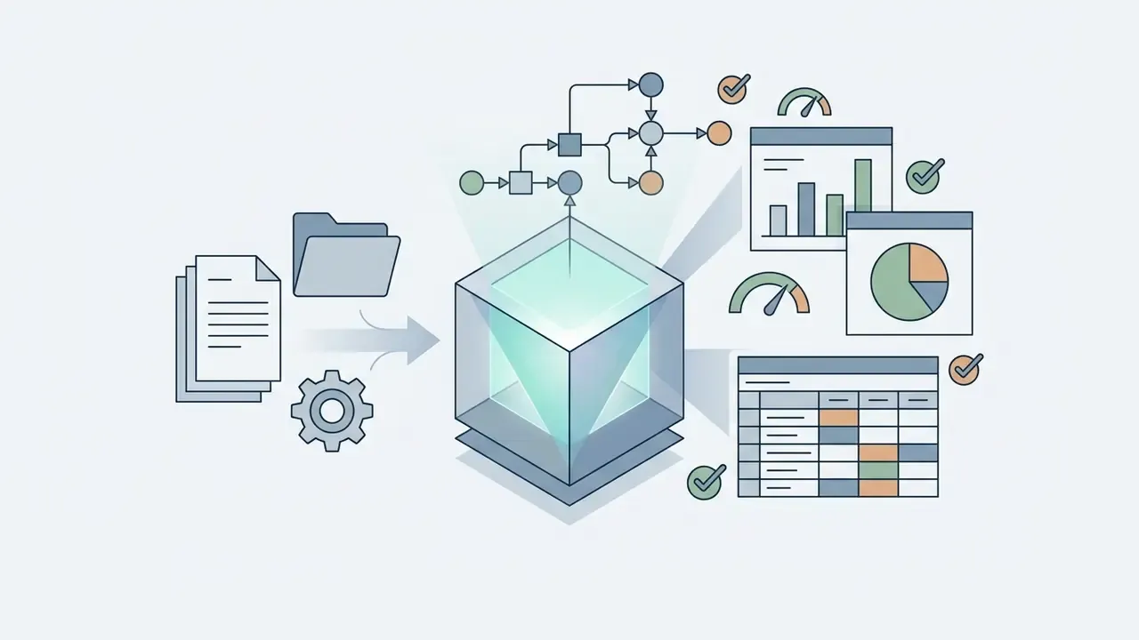 Central processing cube converting raw documents and settings into charts, graphs, and data tables