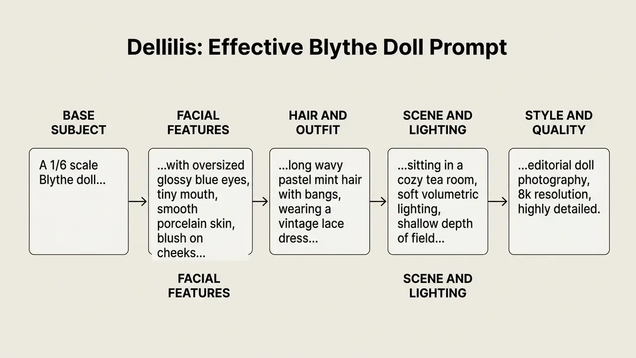 Five sequential boxes showing the step-by-step construction of a descriptive doll prompt