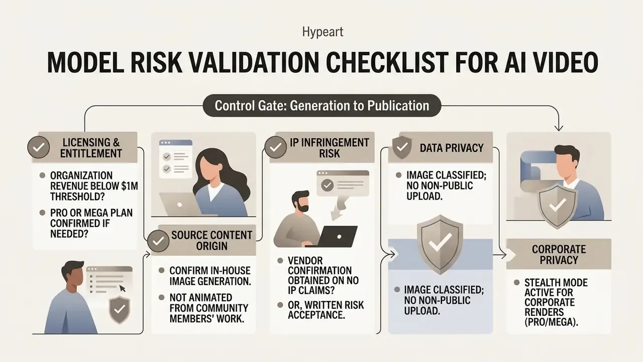 Sequential process steps for verifying licensing, IP risks, and data privacy before publishing content