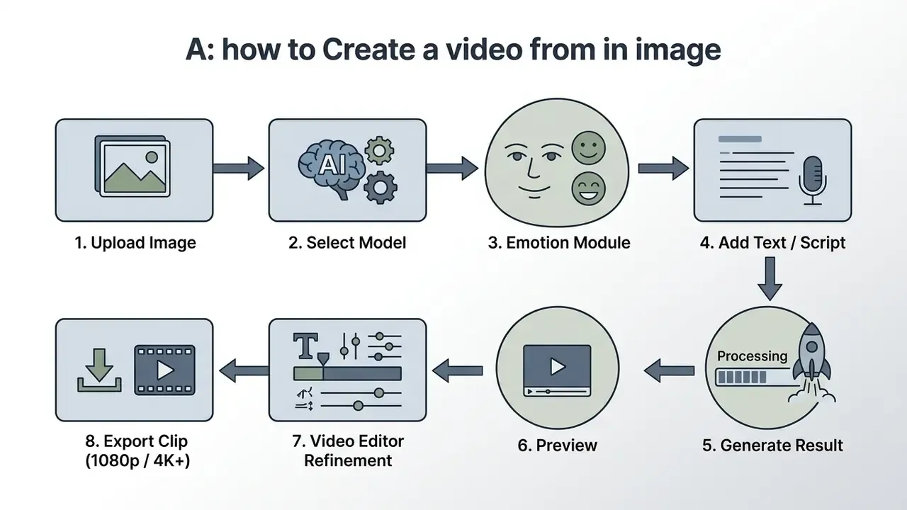 Eight step process diagram showing how to create video from an image using Akool software tools