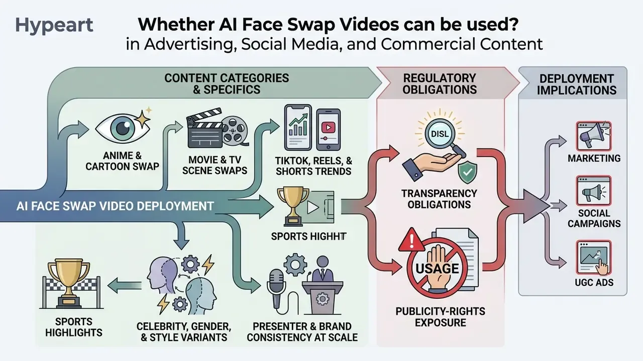 Infographic mapping face swap content categories to regulatory obligations and commercial deployment