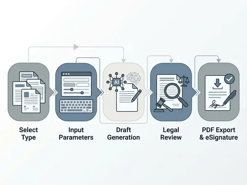 Sequential process steps from selecting document types to final PDF export and digital signing