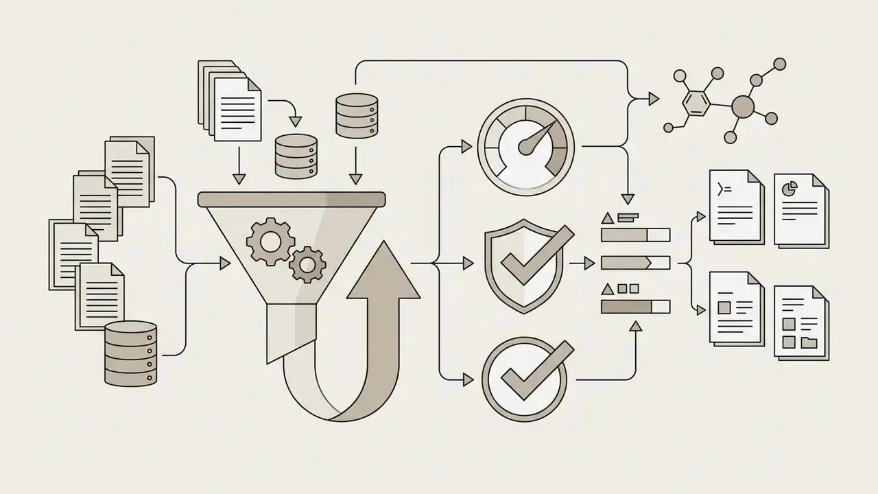 Documents and data feeding into a gear funnel to produce performance gauges, shield icons, and report summaries