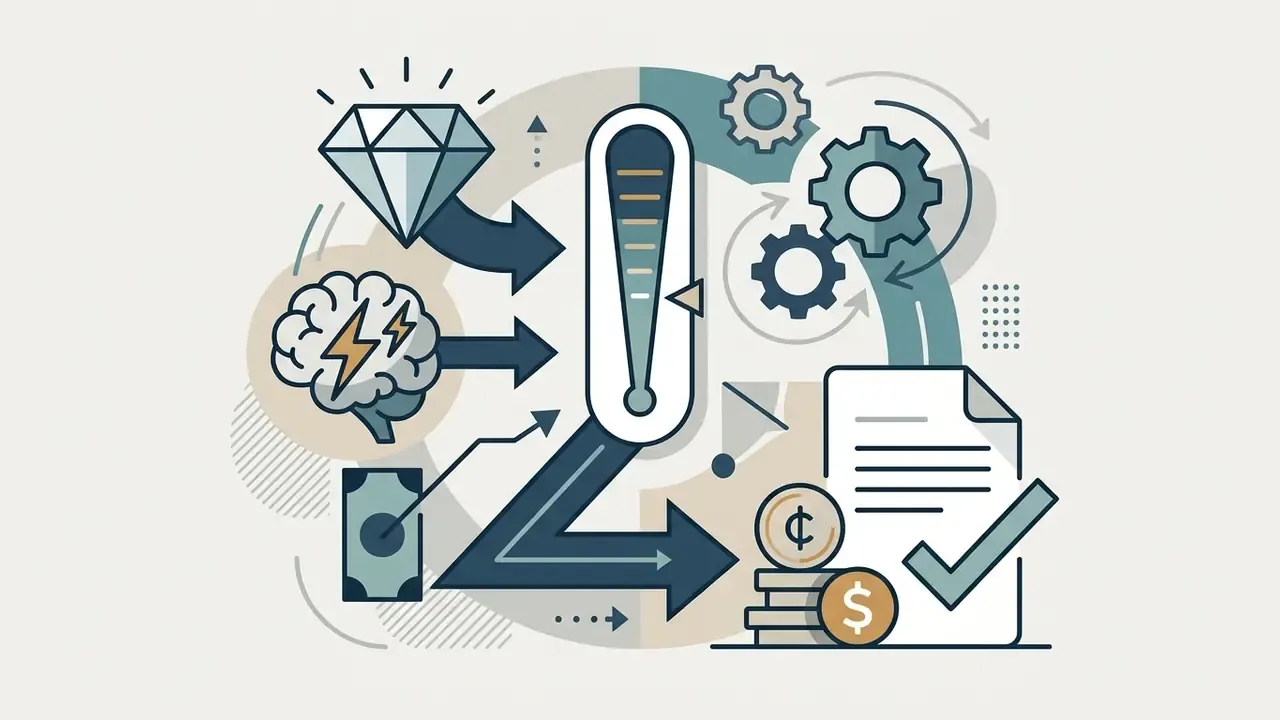 Diamond, brain, and money icons feeding into a central gauge and gears to produce a checked document