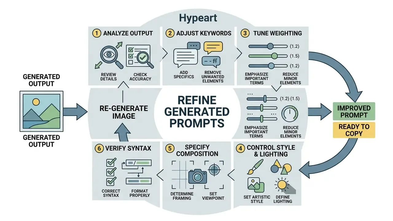 Circular process diagram showing six numbered steps for optimizing text inputs for visual generation