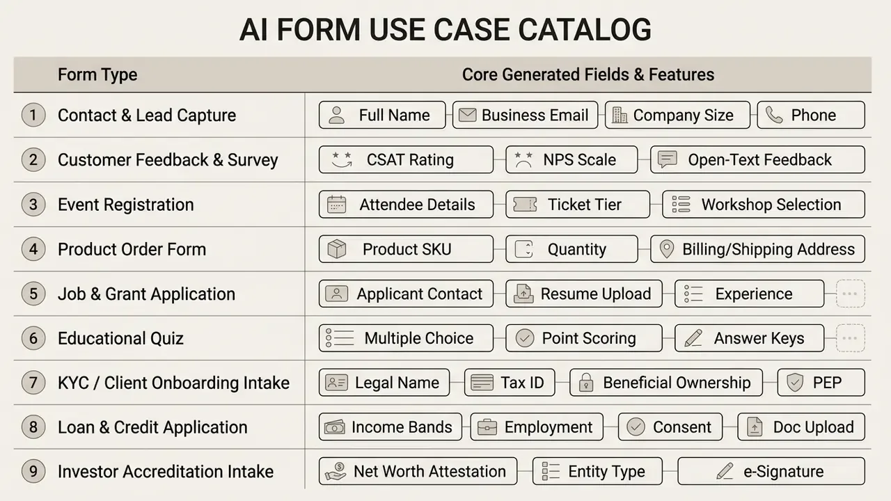 Table listing nine form types and their corresponding fields generated by an AI form generator