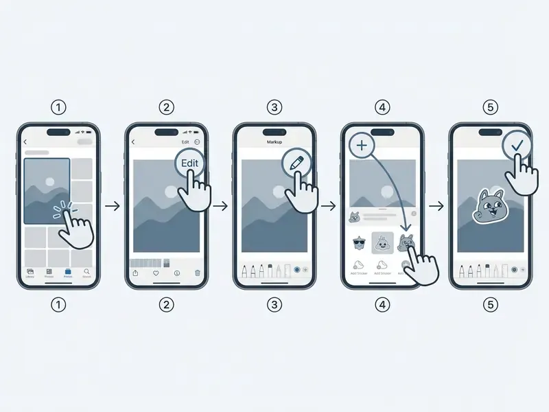 Five sequential steps showing how to add a sticker to a photo on iPhone using the Markup tool
