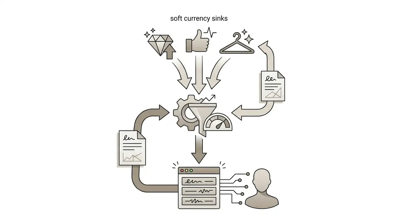 Icons of gems, likes, and clothes funneling into a central processing engine to update a digital persona