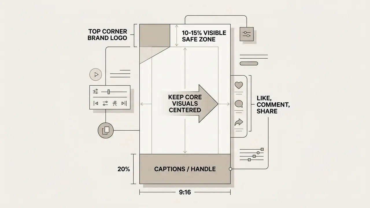 Vertical 9:16 video frame layout showing safe zones for logos, captions, and centered core visuals
