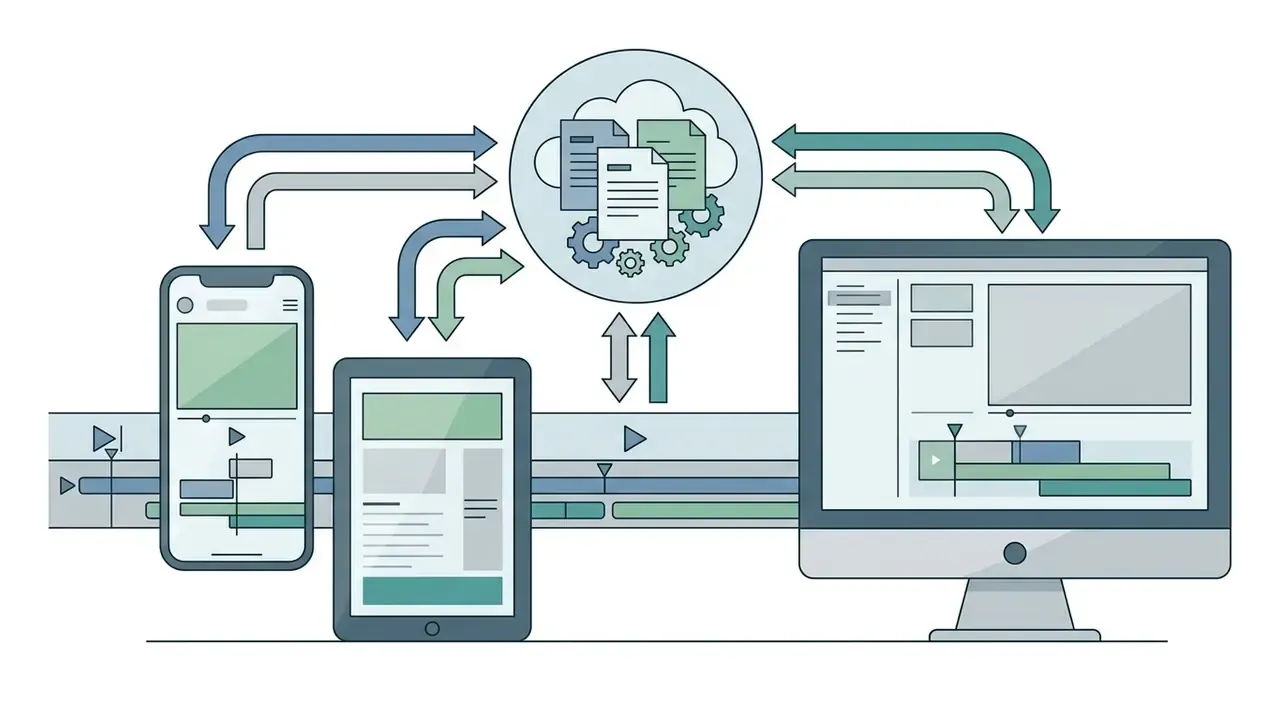 Smartphone, tablet, and desktop computer syncing video project files through a central cloud server