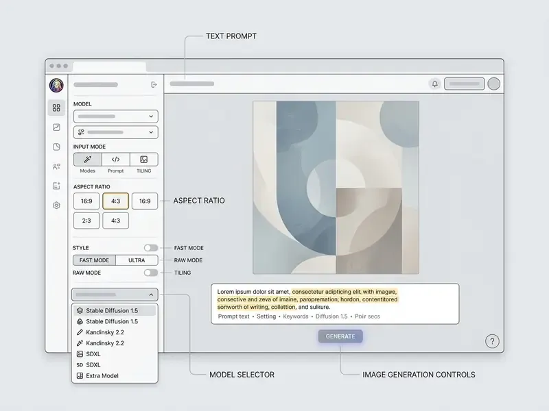 Annotated Leonardo AI interface showing the prompt box, model selector, and image generation controls