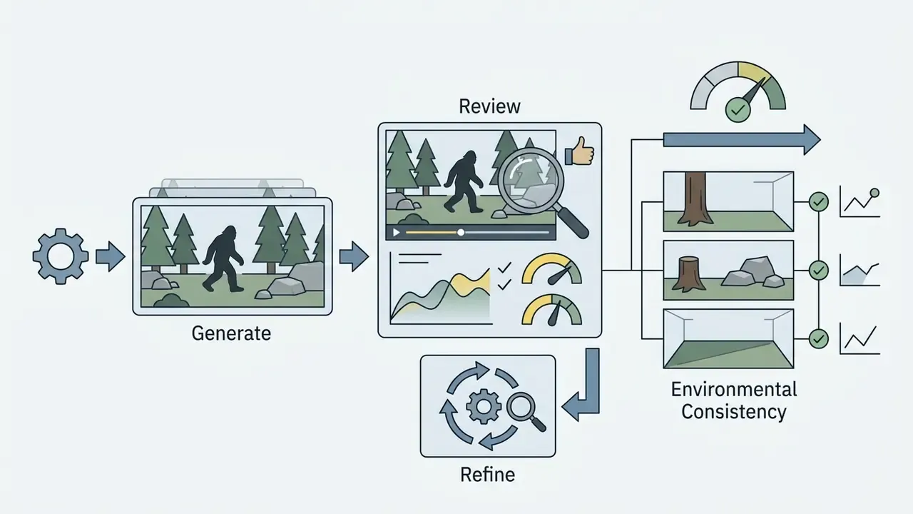 Steps for generating, reviewing, and refining video frames to maintain static background consistency