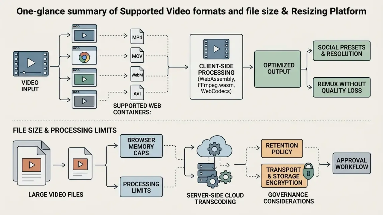 Flowchart detailing client-side processing for web video formats and server-side cloud transcoding steps