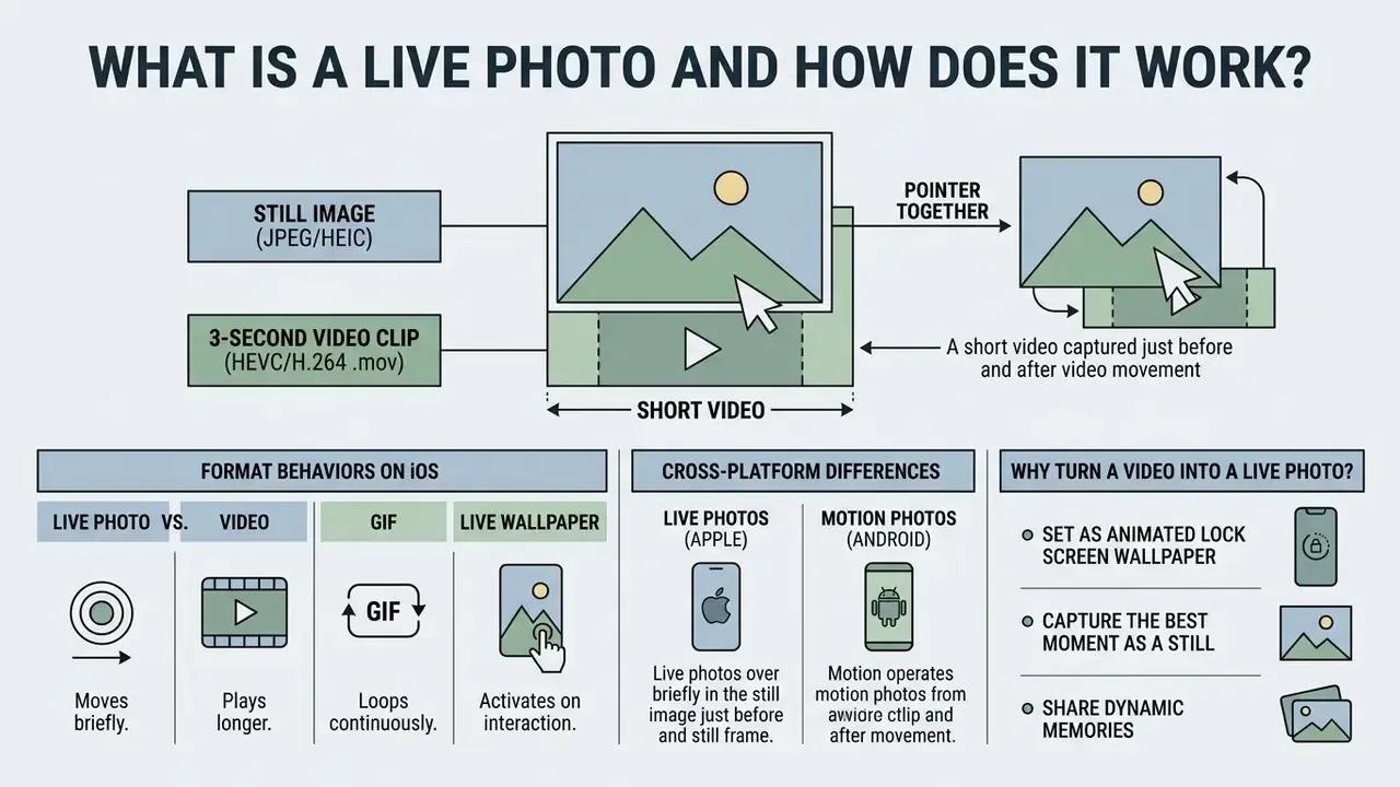 Infographic showing how a still image and video clip combine to create a single Live Photo file