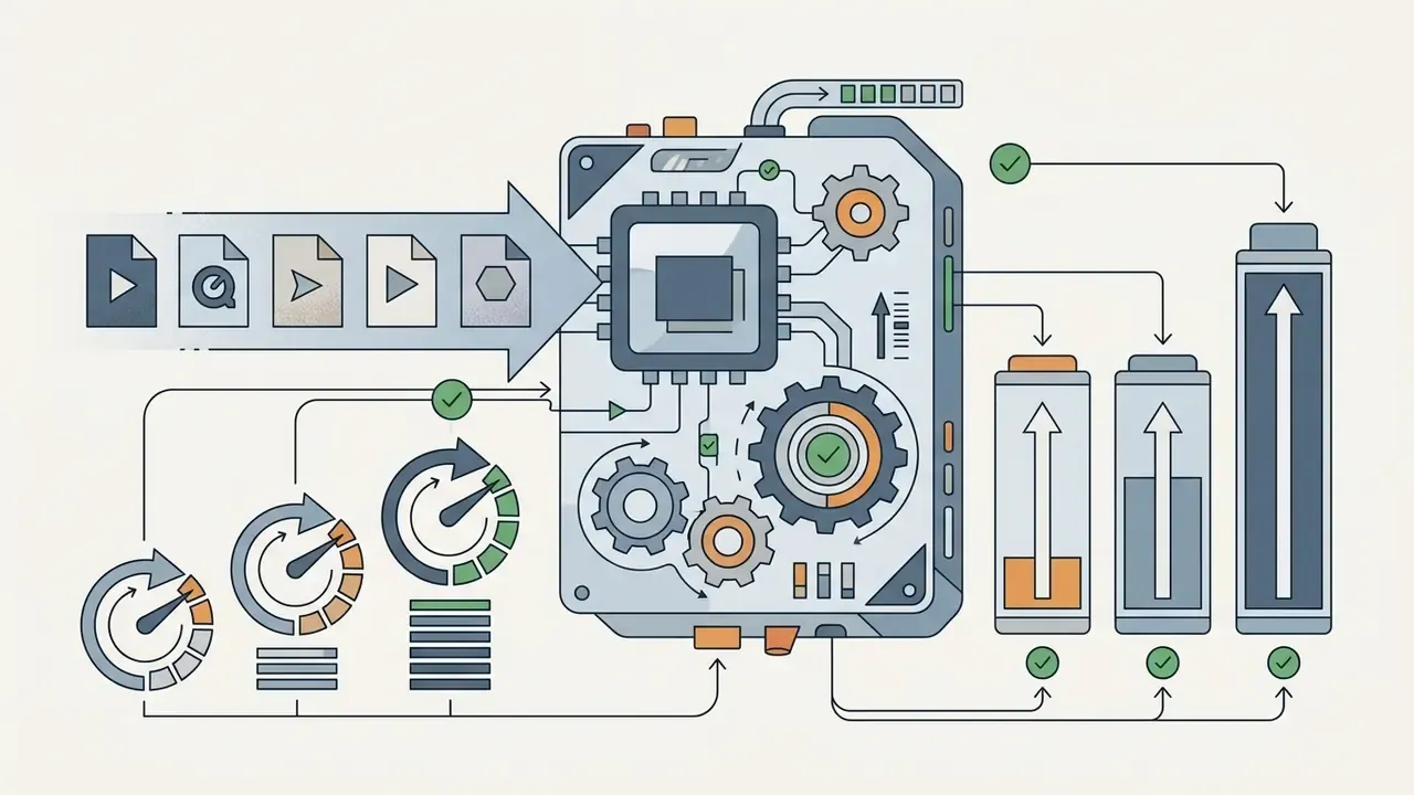 Technical representation of video file formats being processed by a central processor into output levels