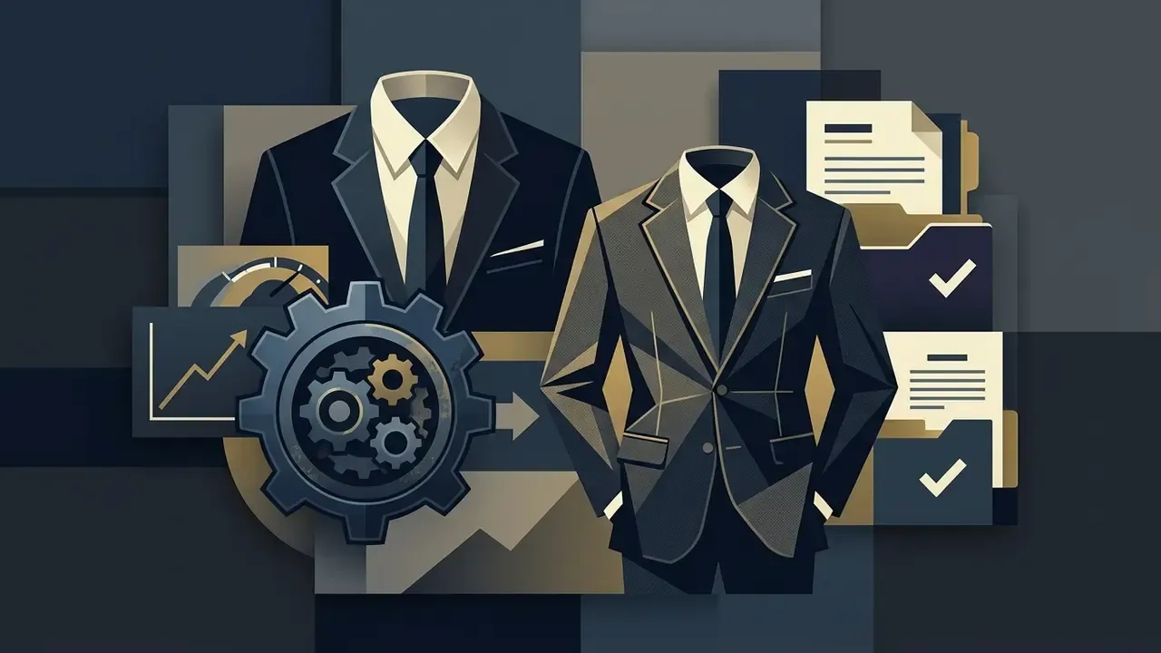 Formal business suits paired with mechanical gears and document folders representing professional structure
