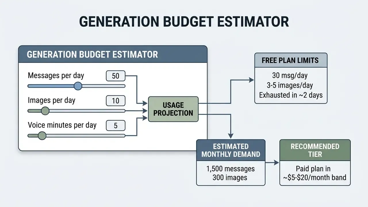 Interactive widget showing usage sliders for daily messages and images to calculate subscription costs