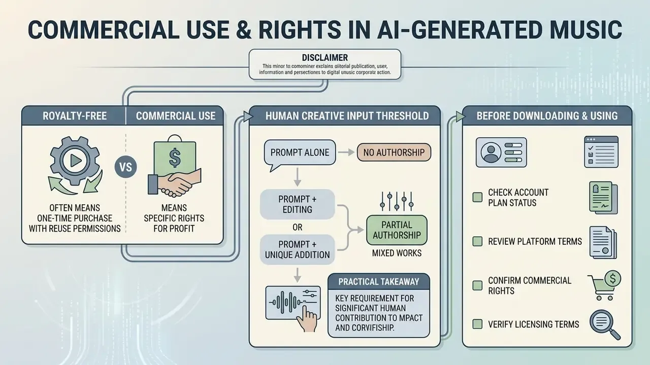 Flowchart outlining legal rights and creative input requirements for using an AI song generator