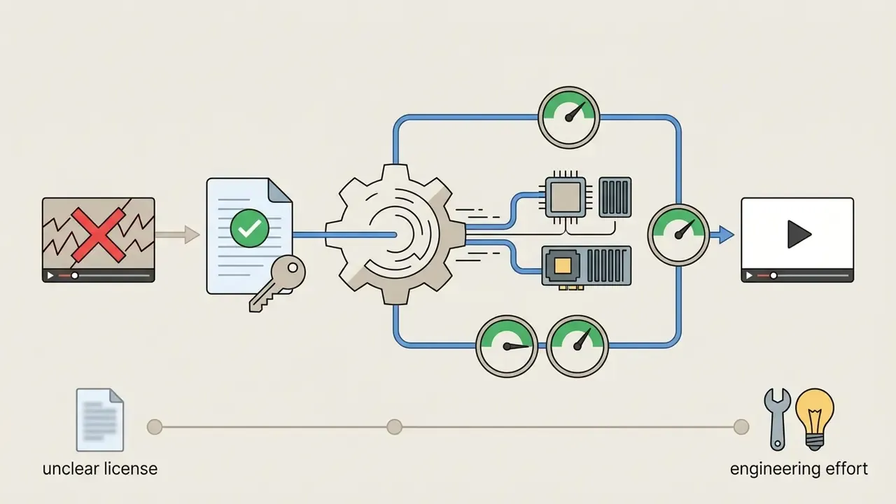 License documents and gears feeding into a processor to generate watermark-free video output