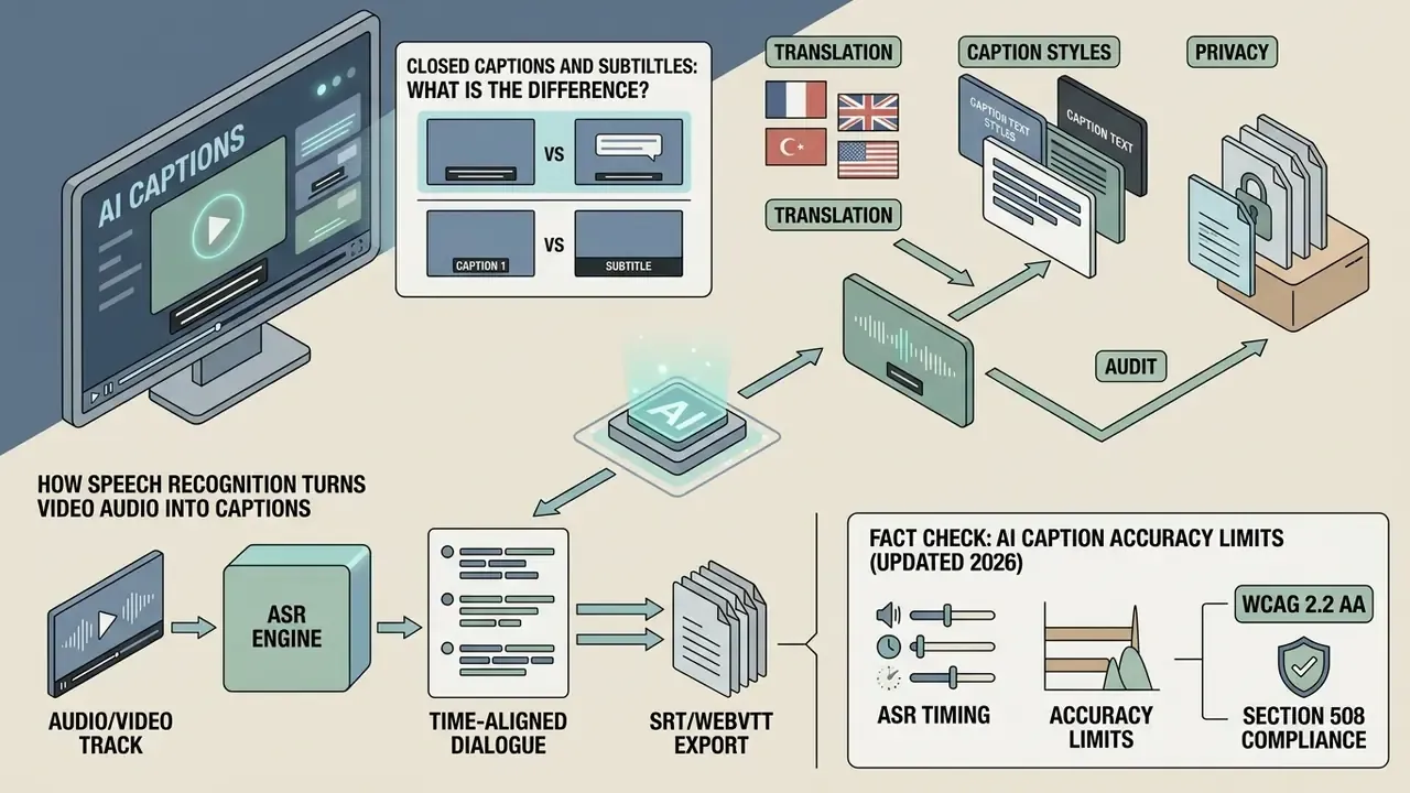 Infographic showing how an AI video caption generator processes audio into time-aligned text and files