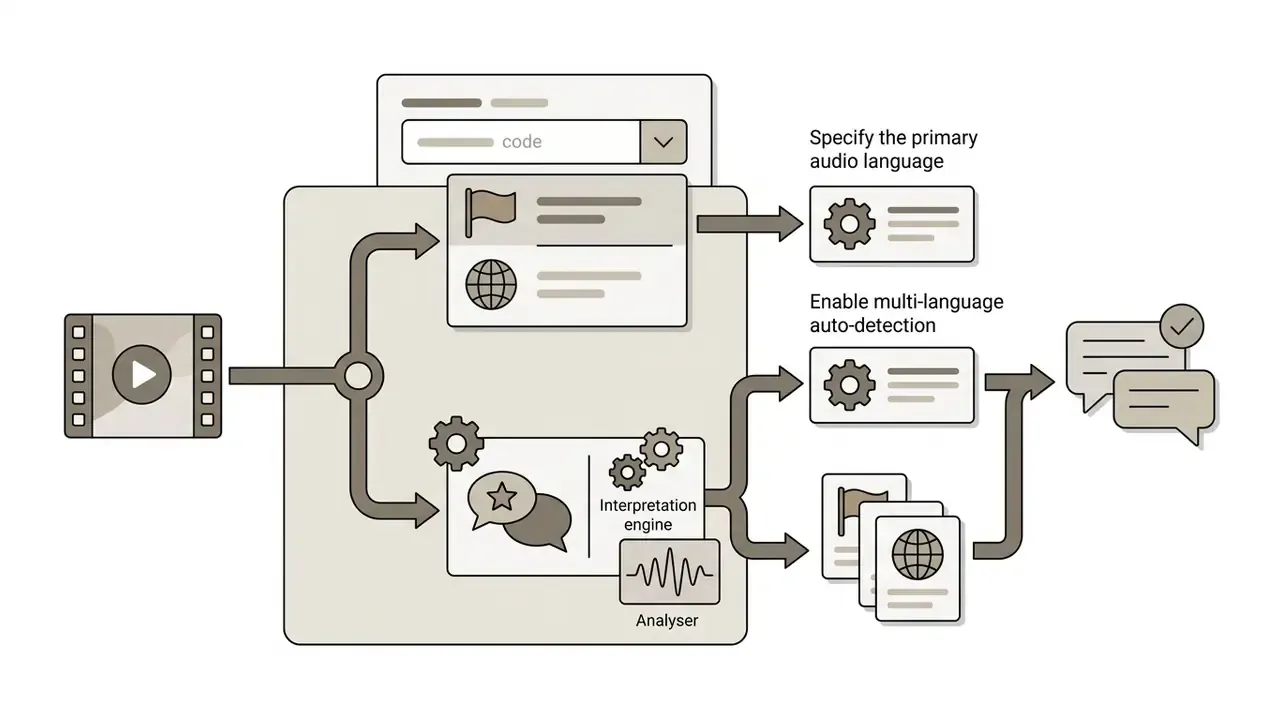Process map showing video input routed to language selection and auto-detection settings for transcription