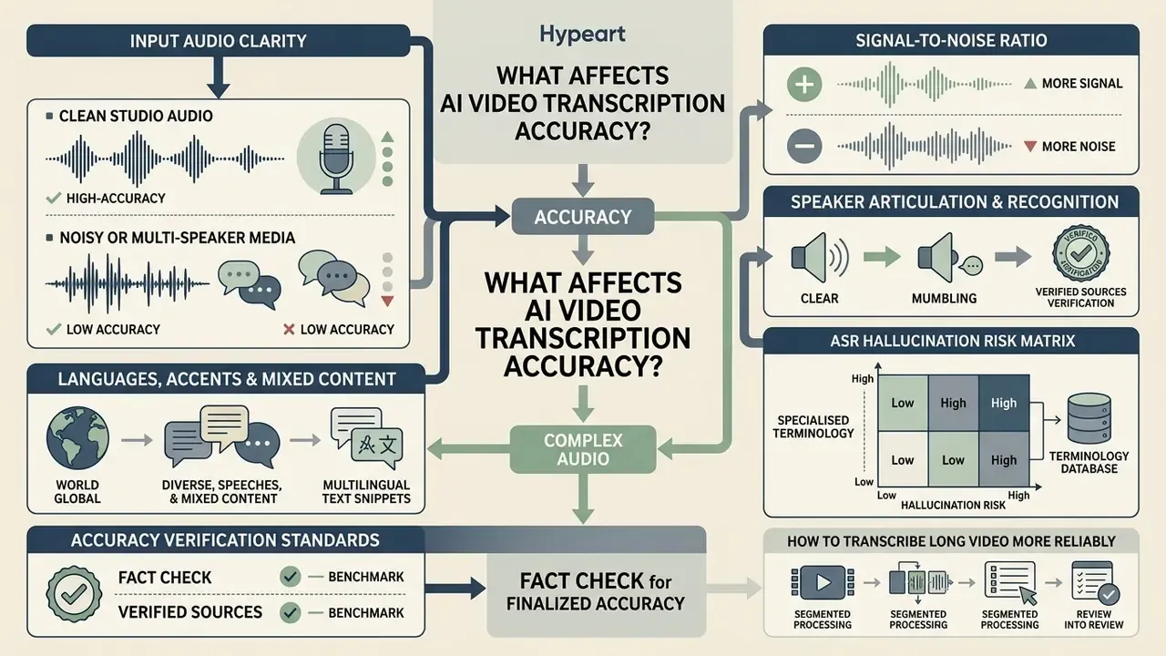 Diagram detailing factors like audio clarity, signal noise, and speaker articulation affecting transcription
