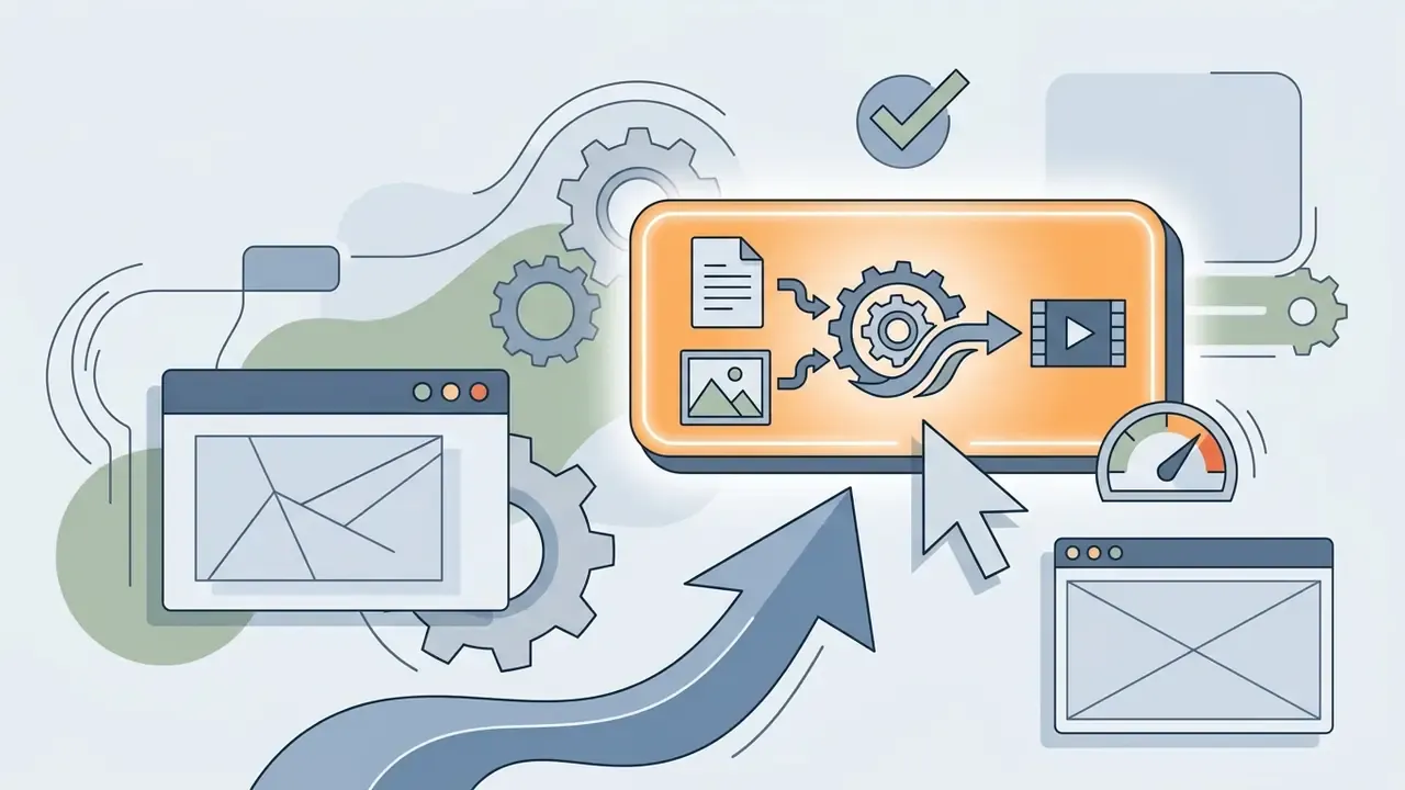 Browser windows and gear icons surrounding a central panel where documents and images become video
