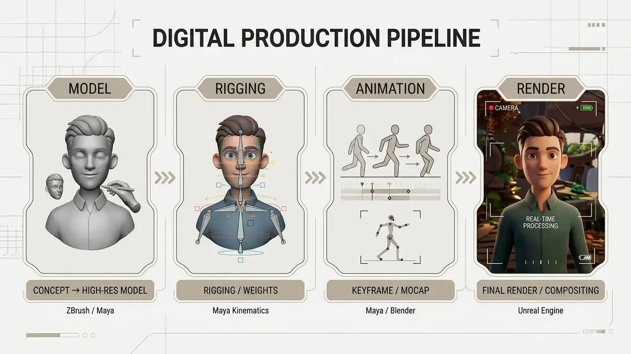 Flowchart showing the digital production stages from 3D modeling and rigging to animation and rendering