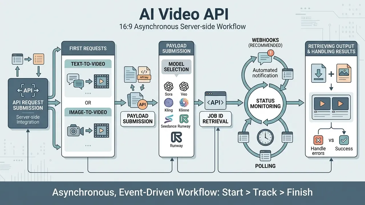 Steps for an AI Video API asynchronous workflow from initial request to status monitoring and final output