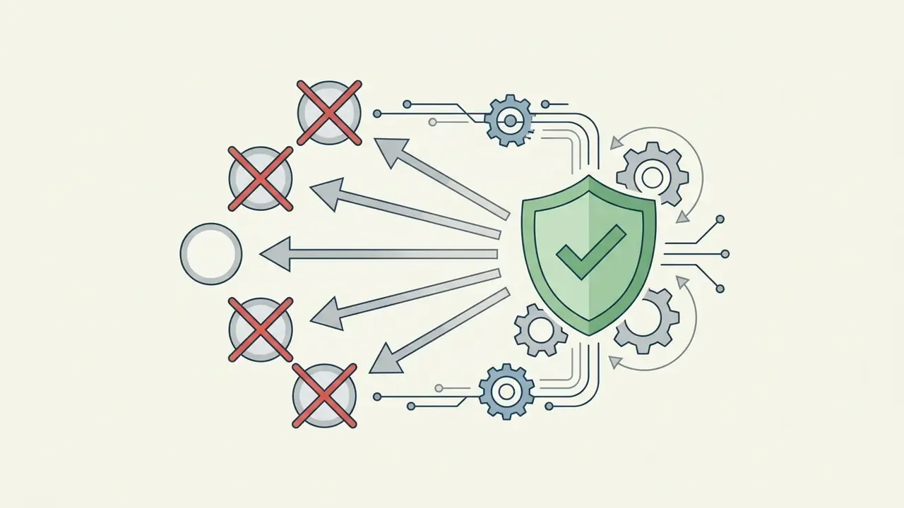 Shield icon with a checkmark surrounded by gears connecting to multiple circles marked with red crosses