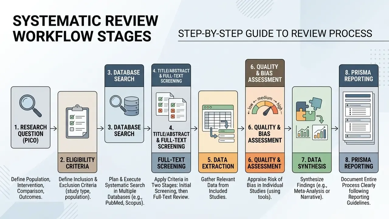 Eight sequential steps for systematic evidence synthesis ranging from research questions to PRISMA reporting