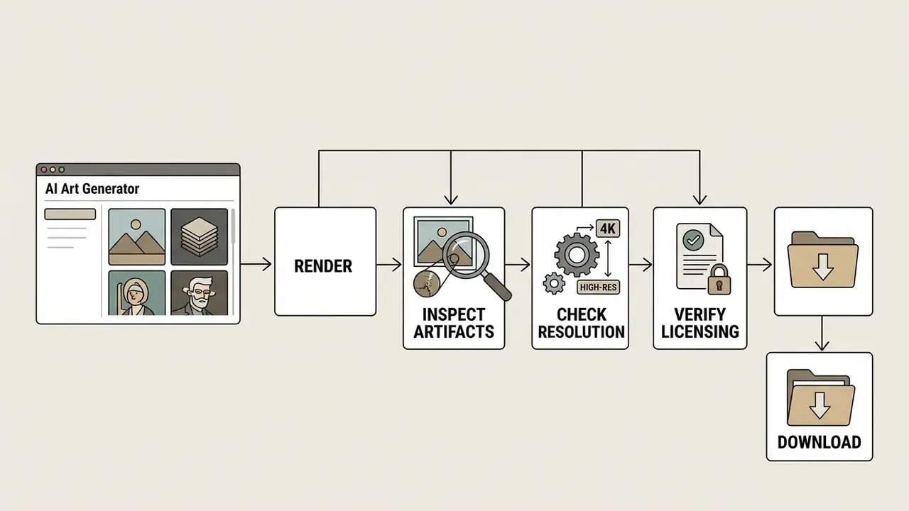 Sequential process diagram for checking image quality and licensing before downloading generated files