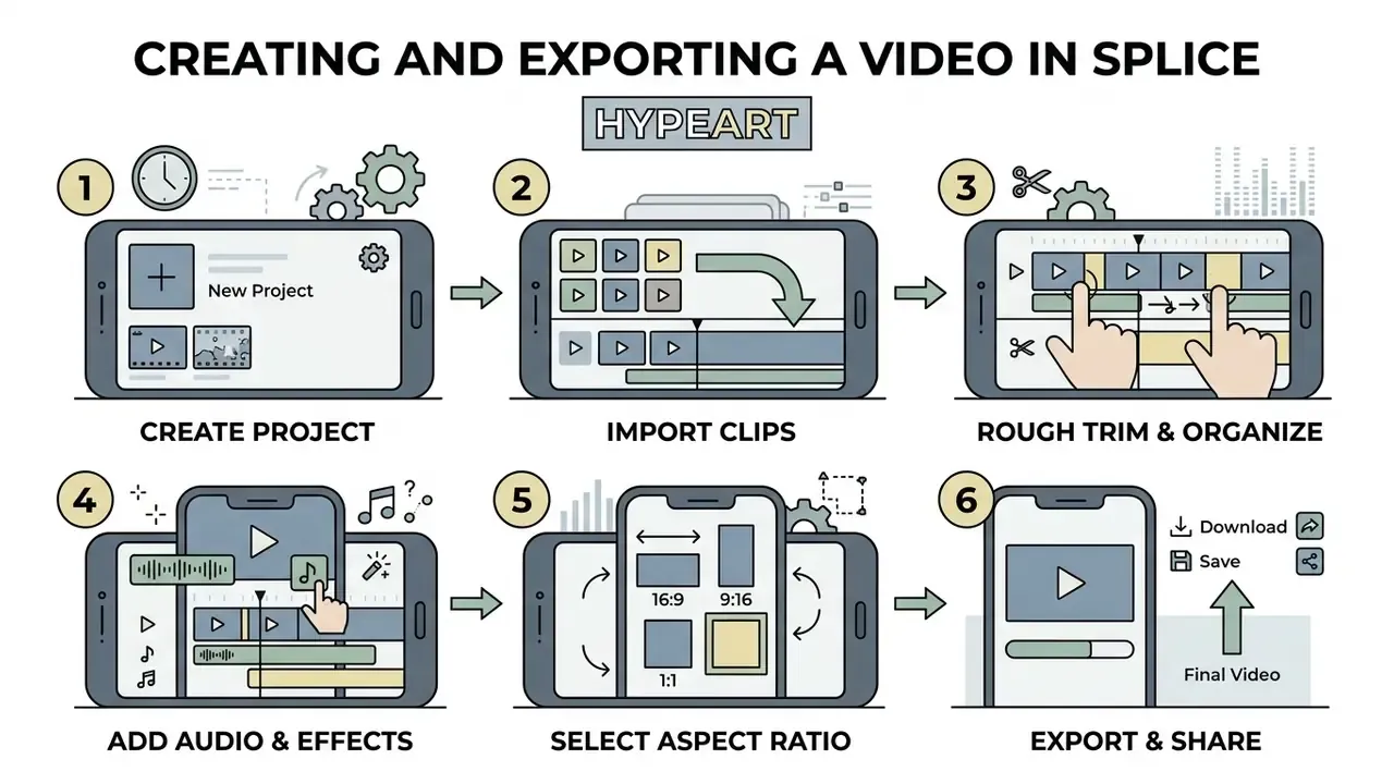 Six-step infographic showing the mobile workflow from starting a project to exporting the final video