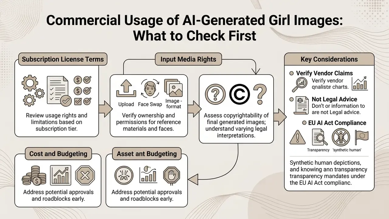 Infographic flowchart detailing legal and procedural steps for commercial use of AI-generated images