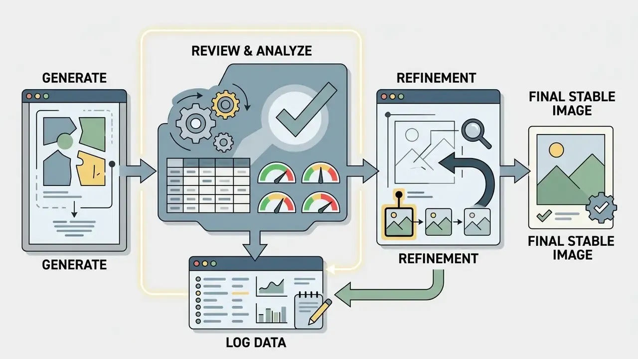 Process flow from generation to analysis and refinement resulting in a stable final image