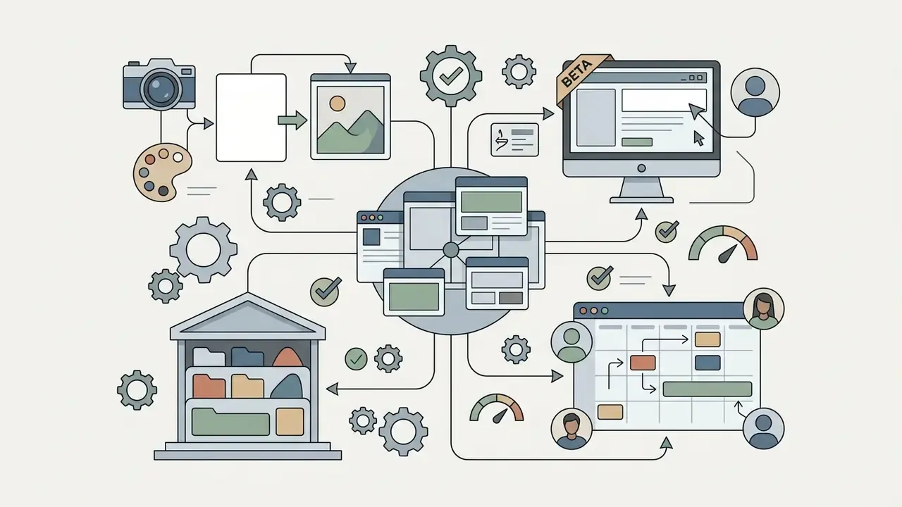 Creative hub connecting image generation, asset libraries, desktop editing tools, and team calendars