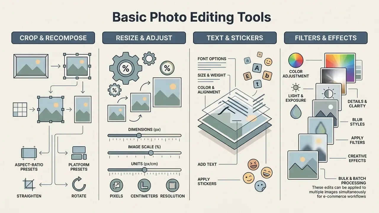 Infographic showing core image processing features like cropping, resizing, text, and visual effects