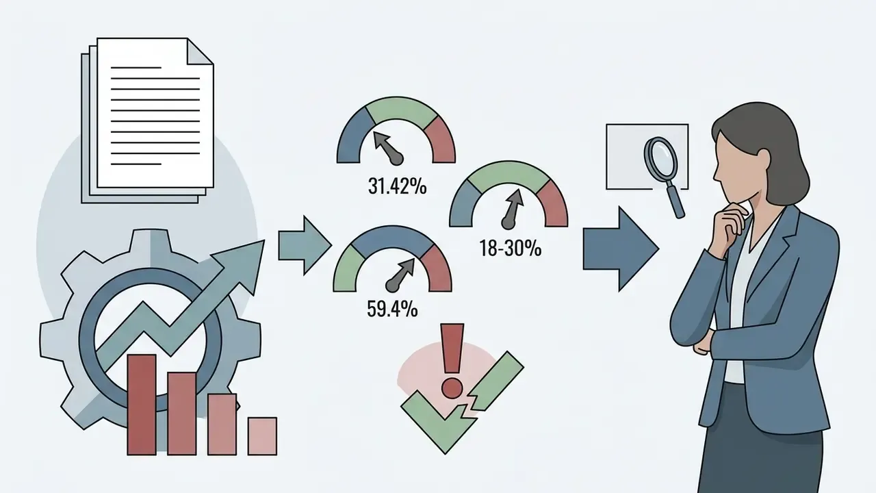 Businesswoman reviewing data analytics and low accuracy scores on gauges before a broken checkmark icon