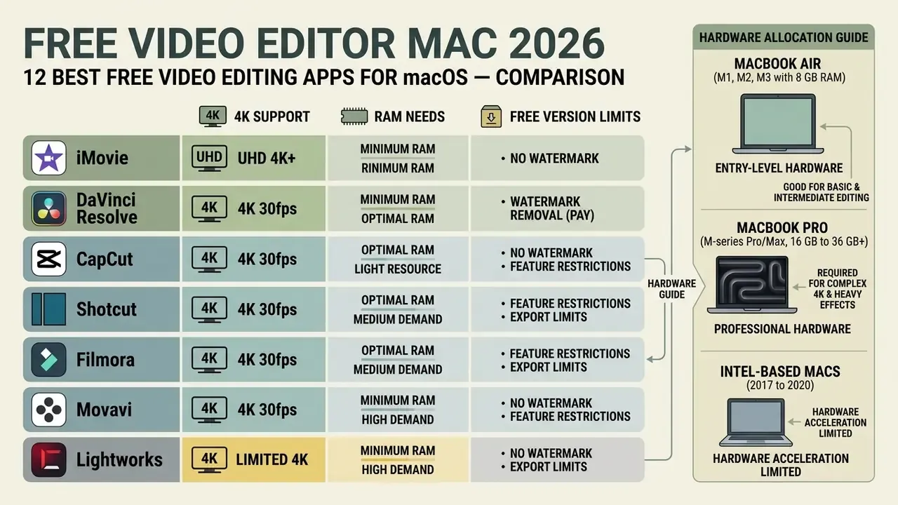 Comparison table of free video editor Mac apps detailing 4K support, RAM needs, and free version limits